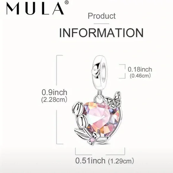 MULA Silver Heart Charm with Crystal Accents and Tulips and Butterflies - Picture 2 of 8